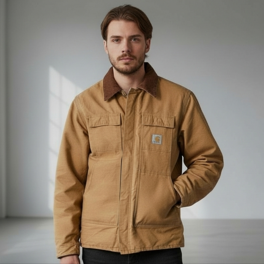 VTG CARHARTT Chore Coat Hooded Tan Canvas CQ196 Sz 42 Tall Large Broke Zipper‎